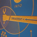 A blue and yellow image of an illustrated arm holding a wrench with the word strategy written on the arm.