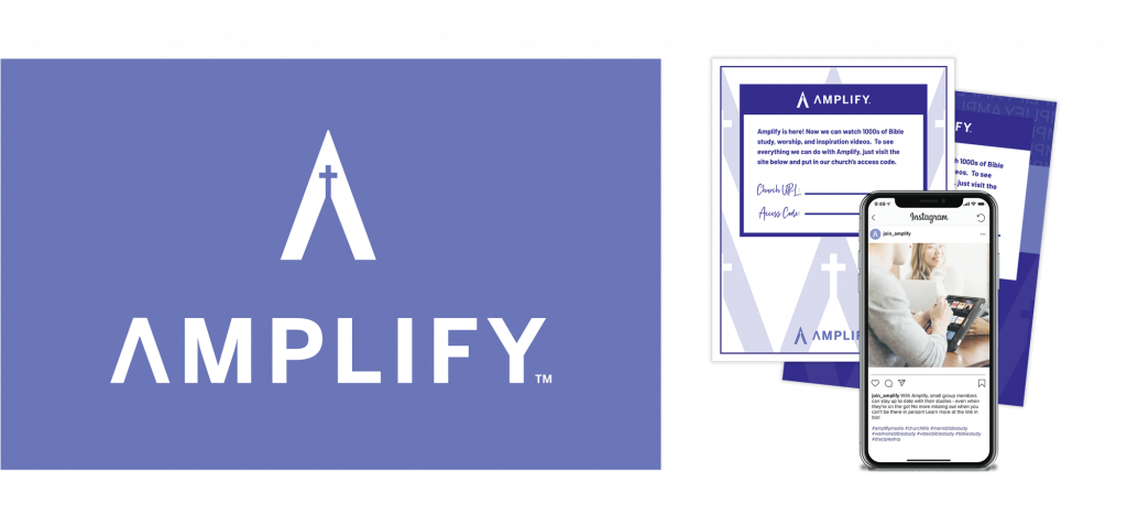 Amplify Media's logo on the left with sample marketing assets on the right (an Instagram post and two printed collateral pieces).