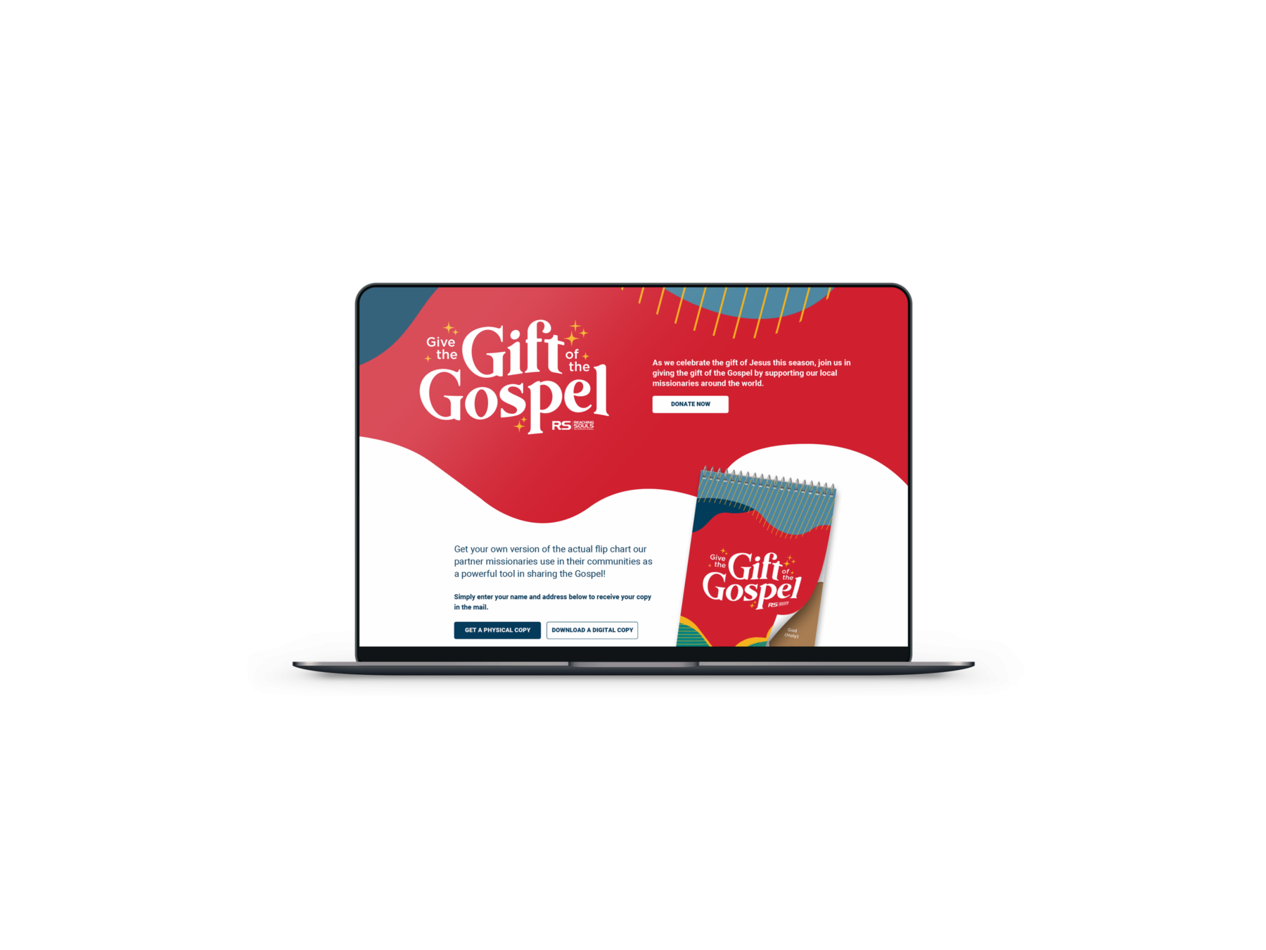 A mockup of the "Give the Gift of the Gospel" website design, which includes text and design