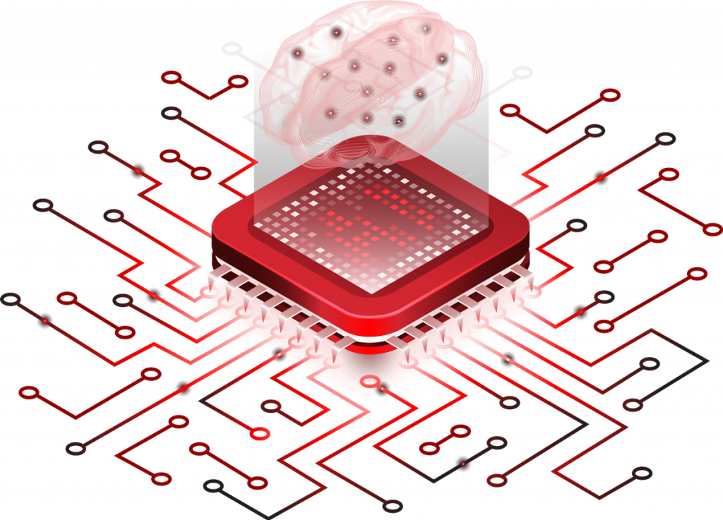 brain sitting on a computer chip as part of a circuit board